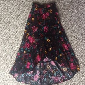 Black floral ruffle high-low wrap maxi skirt